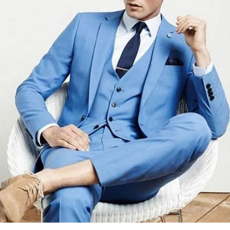 Мужские костюмы Синие мужские свадебные костюмы костюм для шафера Slim Fit 3 шт жениха смокинги
