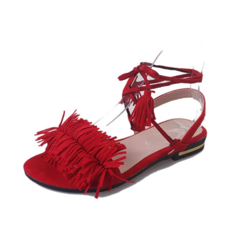 COOTELILI/сандалии-гладиаторы с ремешками на лодыжках на натуральном меху; женская обувь на плоской подошве; коллекция года; Летняя обувь с кисточками; женские свадебные пляжные сандалии в богемном стиле; 42 - Цвет: Tassel red