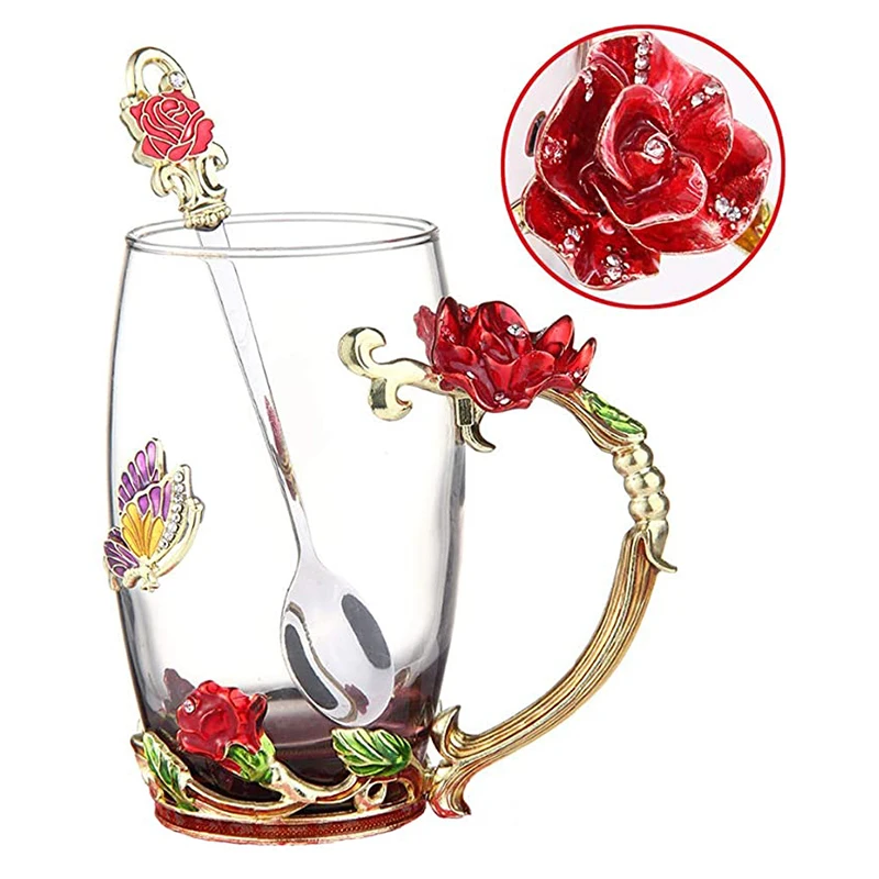 

Enamel TransparentTea Cup Coffee Mug Cups, Clear Glass Coffee Cups Tea Mugs Handmade Enamel Butterfly Rose Flower Cup
