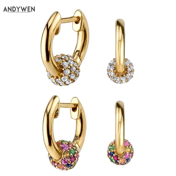 

ANDYWEN 925 Sterling Silver Sphere 8mm Huggie Hoops Crystal CZ Circle Loops Slim Women Clips Piercing Rainbow Earring Jewelry