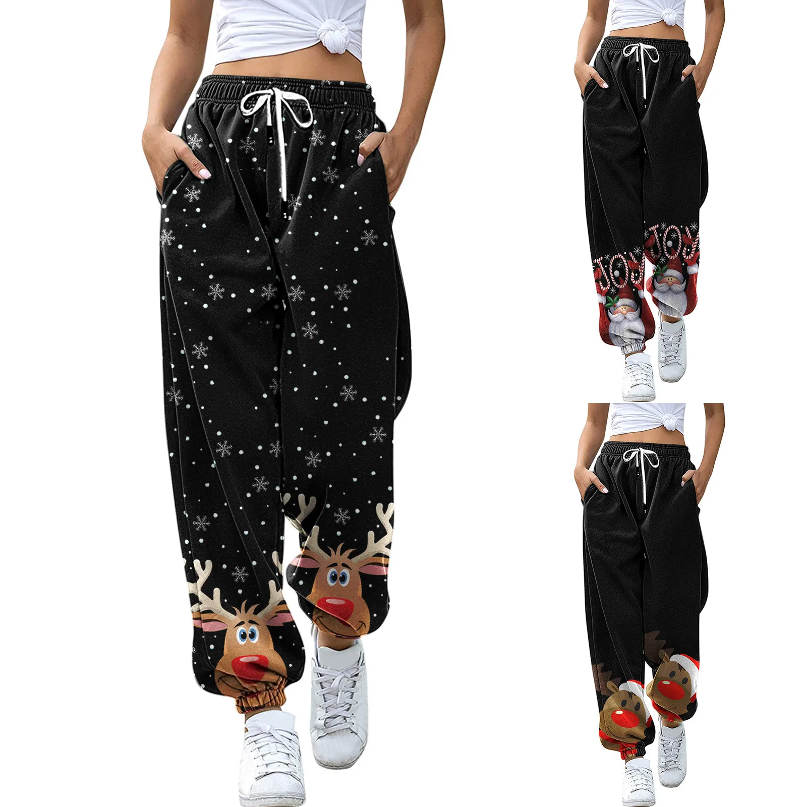Women Christmas Print Bottom Sweatpants Pockets High Waist Sporty Gym