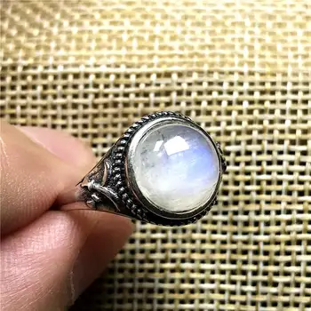 

12mm Top Natural Moonstone Ring Jewelry For Woman Man Crystal Silver Love Blue Light Oval Beads Gemstone Adjustable Ring AAAAA