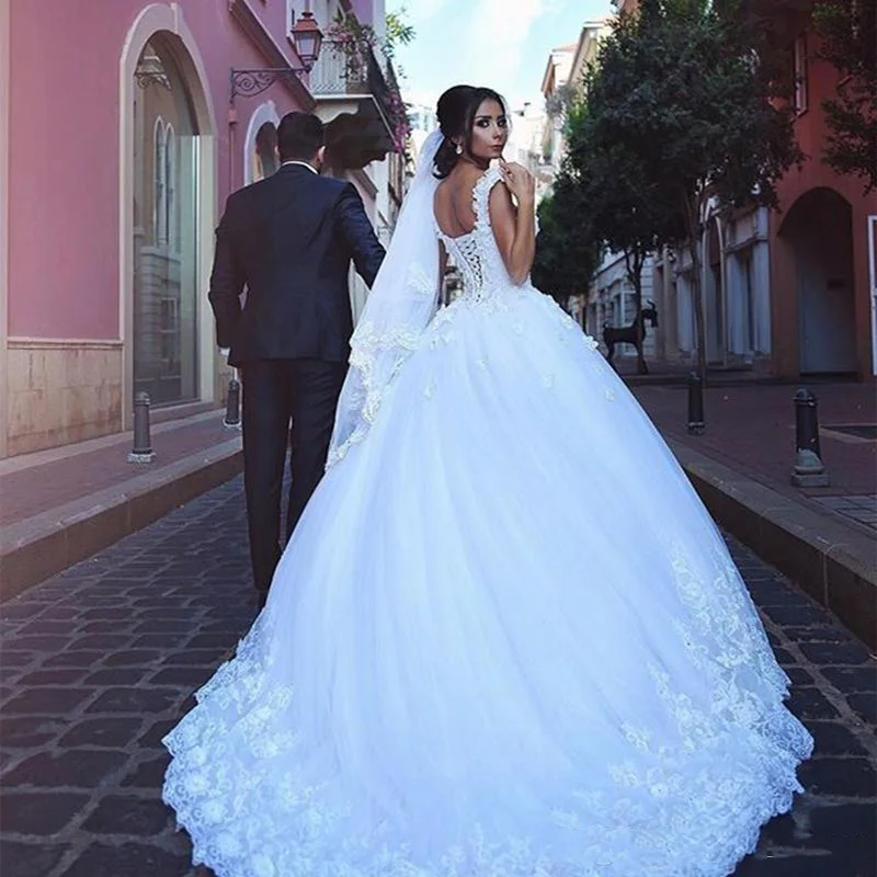 

LORIE Princess Wedding Dress Ball Gowns Double Shoulder Appliqued Lace V Neck Dubai Wedding Bridal Dress Vestido de noiva