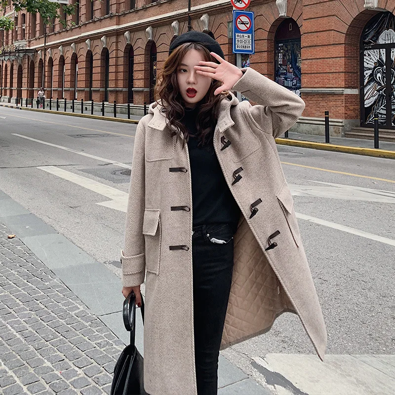 

Toggle Duffle Coat 2019 Autumn And Winter New Style Retro Herringbone Hooded Korean-style Loose-Fit over-the-Knee Woolen Jacket