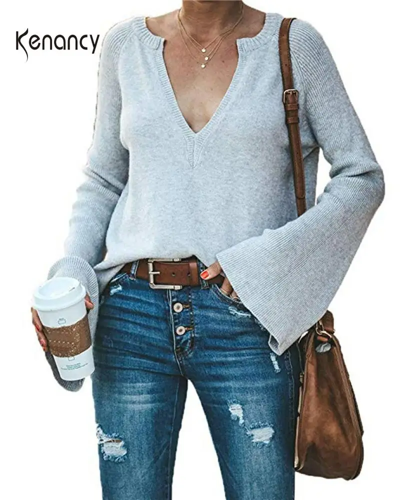 Женский трикотажный свитер с длинным рукавом и V образным вырезом|Толстовки