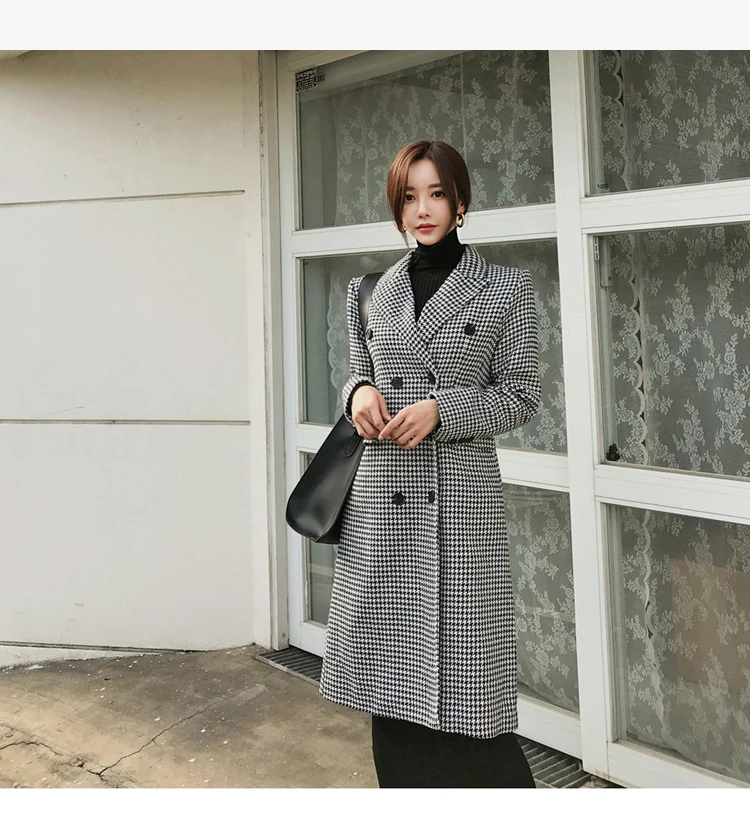 Новинка 2019 года; зимнее двубортное приталенное шерстяное пальто в Корейском стиле с узором «гусиная лапка»; прямое двубортное пальто