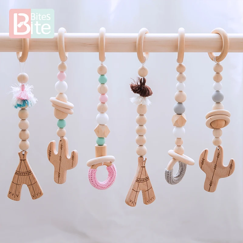 

bite bites 3pc/set Baby Wooden Teether Chain Gym Play cactus pendant wooden blank Crochet beads Ring-Pull Ring Children's Goods