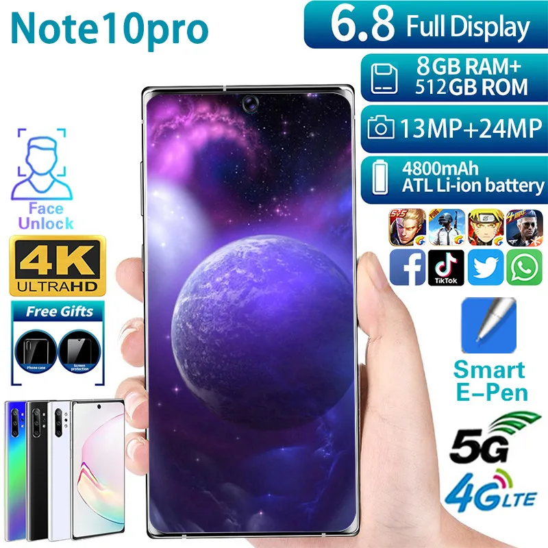 

Unlocked cell phones Note10pro Smartphone MTK6799 Mobile phone 6.8inch HD Cell phone 3GCellphone 8GB+512GB 13MP+24MP