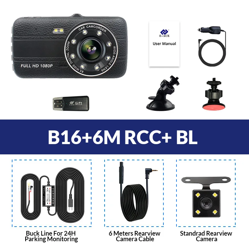 B16-6M RCC-BL E-ACE Автомобильный видеорегистратор с Камарой заднего вида 4,0 дюймов ips экран видео рекордер Full HD 1080P Автомобильный регистратор 8 светодиодных ламп авто видеорегистратор - Название цвета: B16-6M RCC-BL