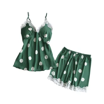

2020 Spring & Summer New Ladies Pajamas Set Comfort Silk Satin Nightwear Dot Printed Women V-Neck Sleepwear Camisole+Shorts Set