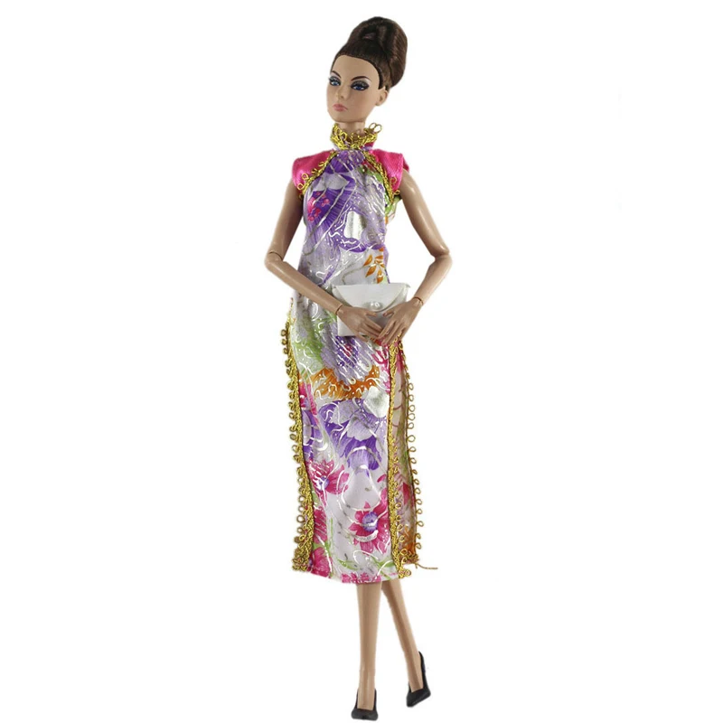 Платье с цветочным рисунком для куклы Барби, одежда, китайское платье Ципао, вечерние платья для кукол Барби, наряды 1/6, аксессуары для кукол