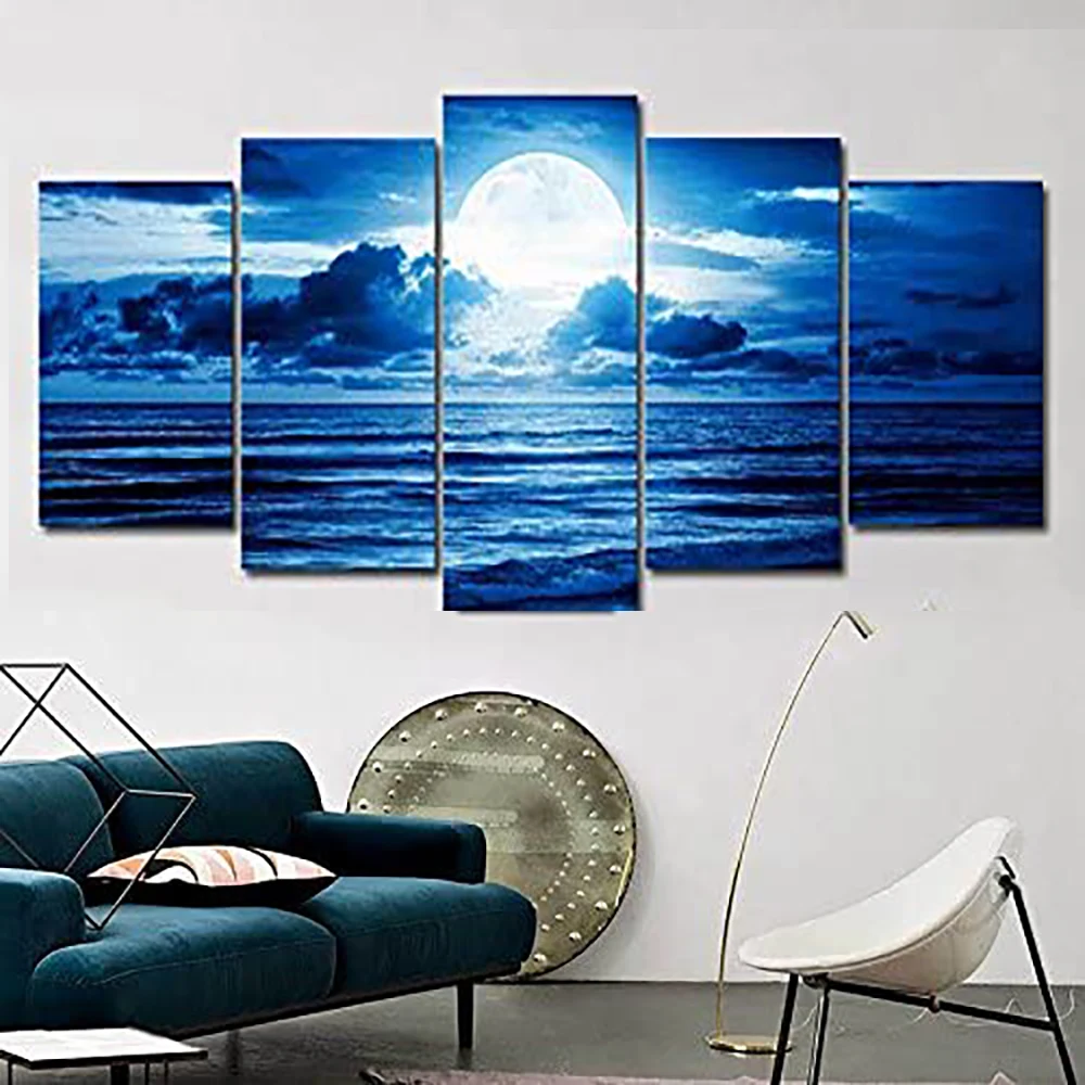 

5 Pieces Wall Art Canvas Painting Blue Clouds Moon Beach Landscape Poster Pictures For Living Room Bedroom Home Decor Modern