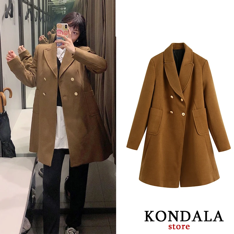 

Women's Jackets Za 2020 Wool Office Lady Loose Winter Blends Long Sleeve Double Breasted Thick Long Jackets Female Elegant Coats