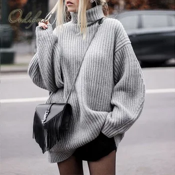 

Ordifree 2020 Autumn Winter Oversized Women Sweaters and Pullovers Grey Black Fashion Loose Knitted Turtleneck Sweater Jumper