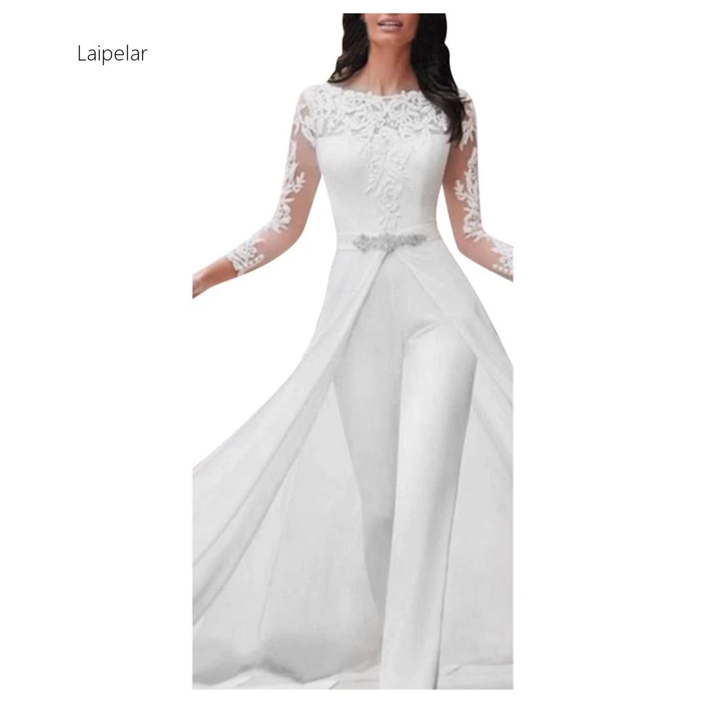 white lace high neck long sleeve jumpsuit