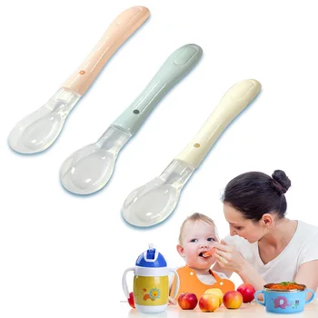 

Soft Silicone Spoon Non-toxic Safety Baby Spoons Kids Feeding Spoon Utensil Training Bite Heat Sensitive Feeding Tableware