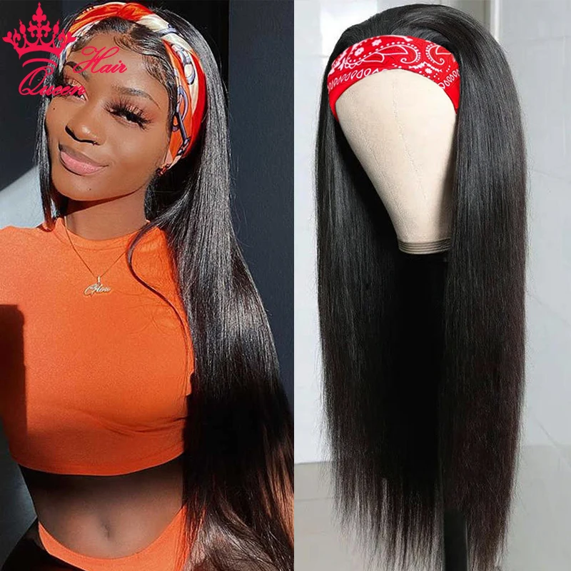 Queen Hair Headband Wig Human Straight Hair Glueless Full Wig with Bangs Free Headband Scarf Glueless Wig Brazilian Remy Hair