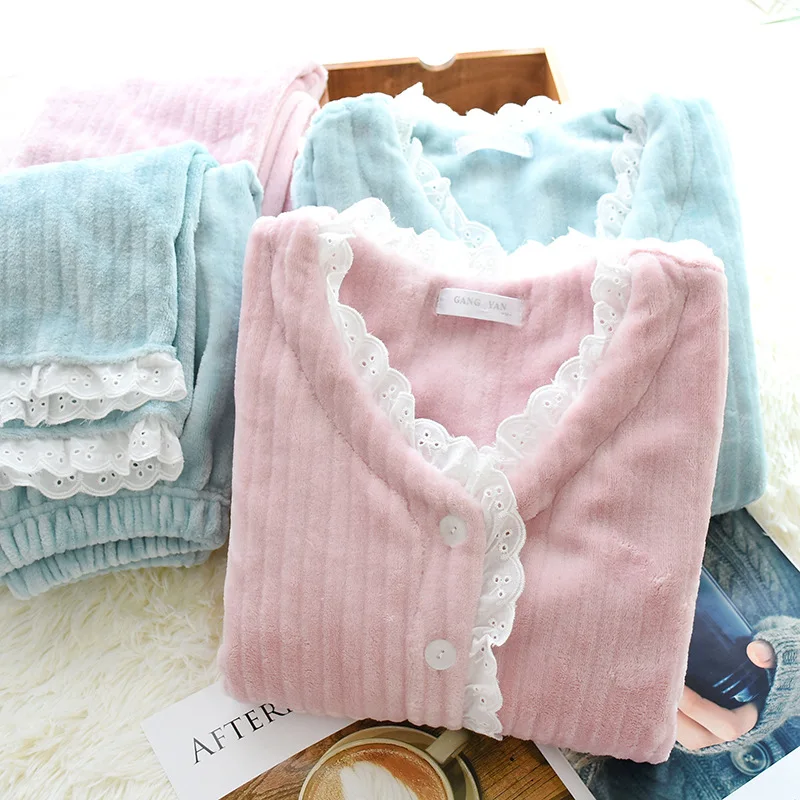Koop JULY S LIED Nieuwe Mode Warm Flanel Pyjama Set Vrouwen Winter Herfst Pyjama Nachtkleding Kant Roze Pyjama Dikke Warme Nachtkleding