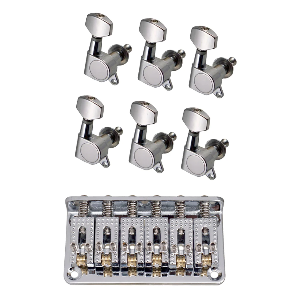 Chrome 6 String Guitar Hardtail Bridge Top Load+6R Tuning Pegs Tuners for Electric Guitar