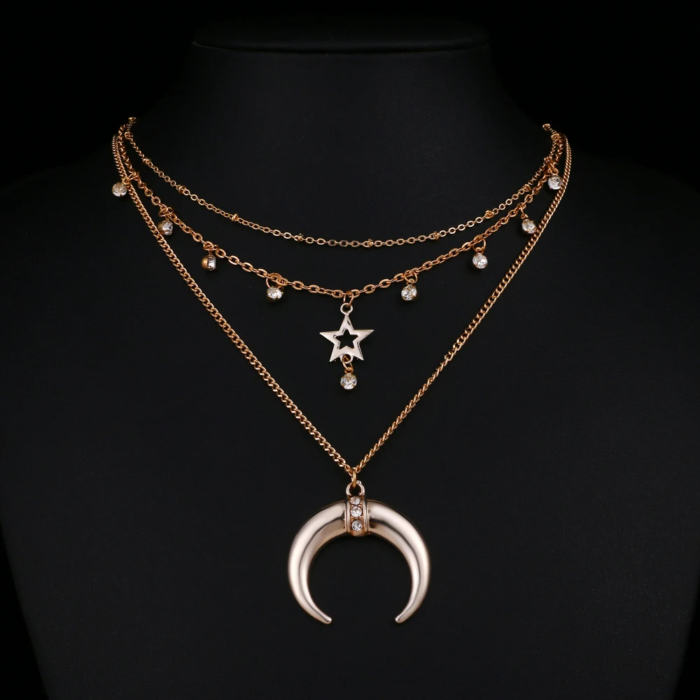 Новинка, многослойное ожерелье с кулоном в виде Луны из кристаллов для женщин, винтажное Очаровательное ожерелье, колье,, ювелирные аксессуары, бохо - Окраска металла: FCSN0827