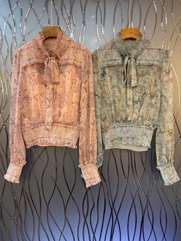 

2020 Early Autumn New Women's Lining Decorative Neckline Lace-up Knot Perspective Long-Sleeved Shirt 807