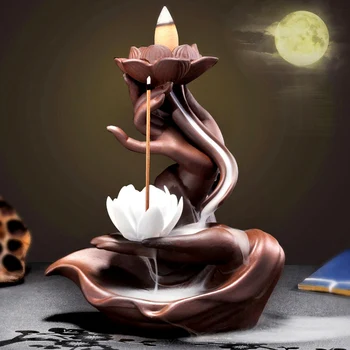 

Backflow Incense Burner Buddha Hand Lotus Incense Burner With 20Pcs Cones Home Decor Smoke Incense Stick Holder Ornament Home