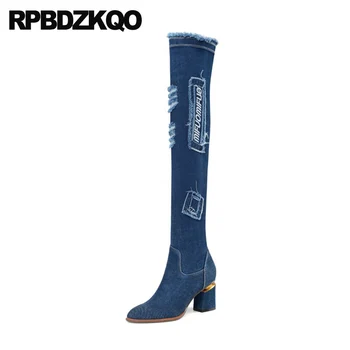 

thigh high slim canvas heel ladies chunky blue denim boots jeans women 10 big size crossdresser over the knee pointed toe shoes