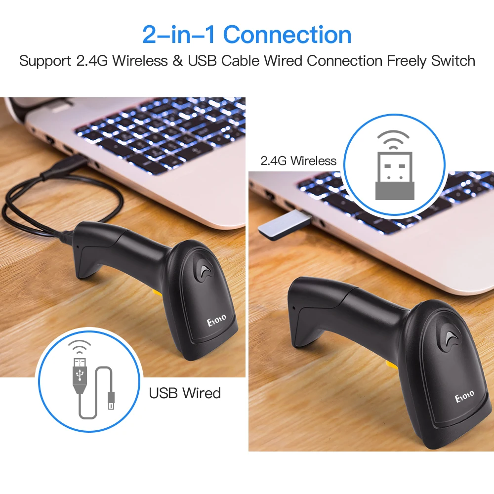 Eyoyo EY-800 1D Wireless Barcode Scanner 2-in-1 2.4G 1D Image Scanner with USB Receiver Work with PC POS Multi Languages Scanner