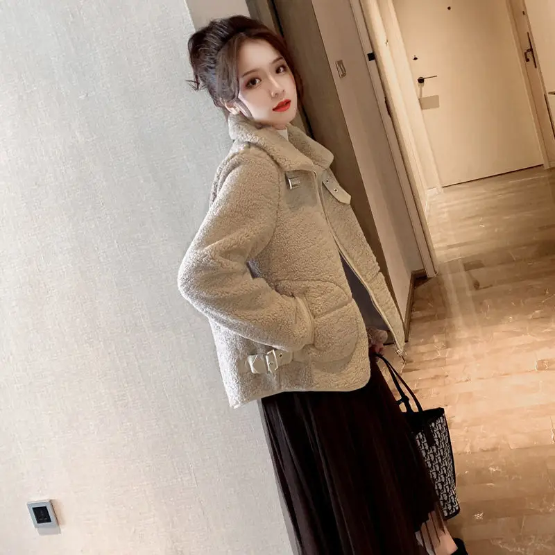 

2020 Autumn and Winter New Stand Collar Baseball Jacket Leather and Fur in One Lalambswool Thickened Cropped Jacket