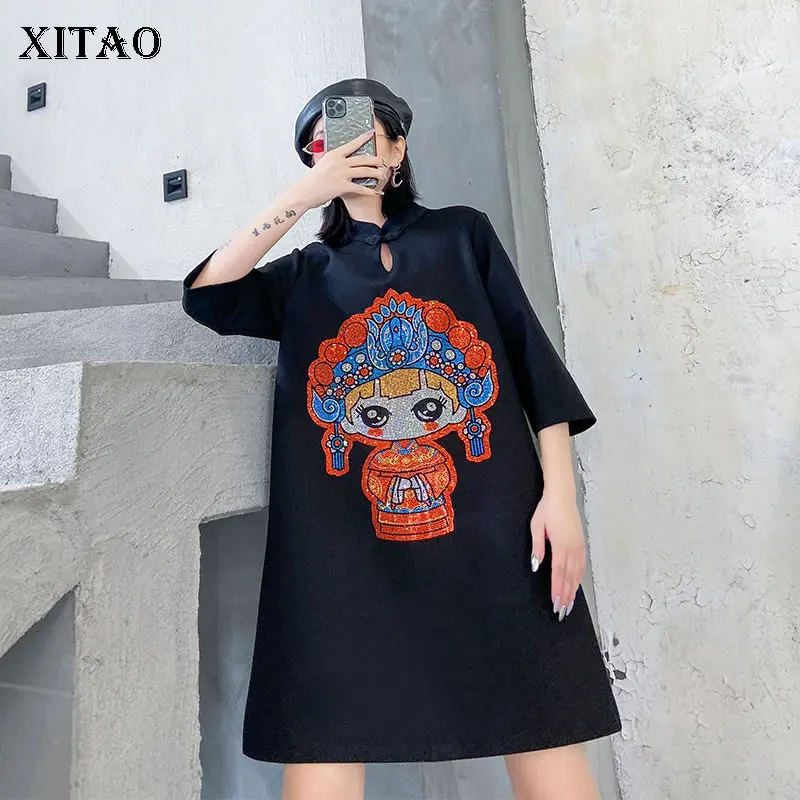XITAO/платье в китайском стиле с героями мультфильмов, Женская трендовая одежда размера плюс, платья с укороченными рукавами DMY2591