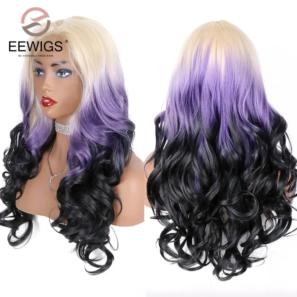 EEWIGS свободные волнистые волосы 3 тона Омбре парик фронта шнурка Glueless черный