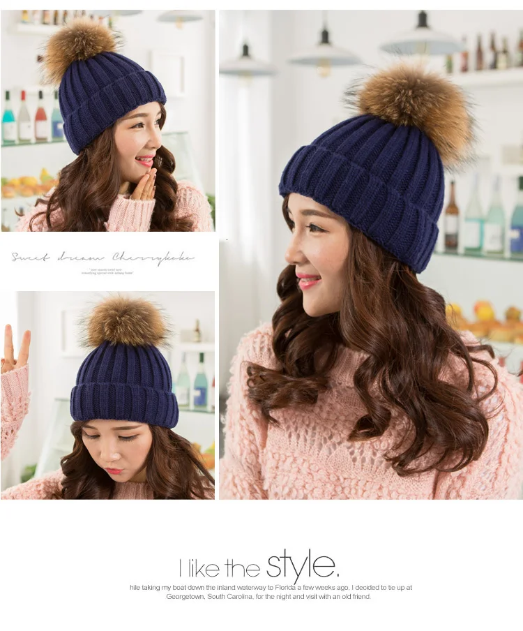 Winter Brand Female Fur Pom Poms hat Winter Hat For Women Girl 's Hat Knitted Beanies Cap Hat Thick Women Skullies Beanies