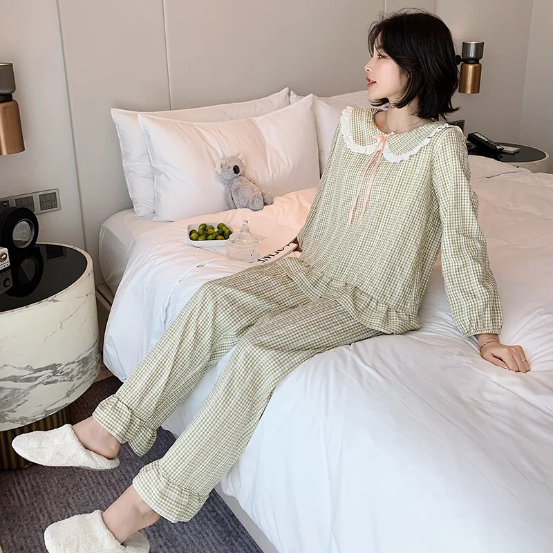 

Autumn and Winter Ladies Pajamas Set Small Checkered Twill Design Home Clothes with Long-sleeved and Trousers Pajamas Suit Women