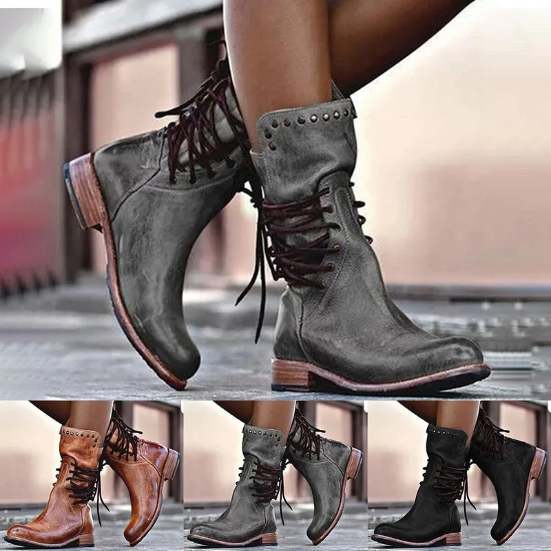

Adisputent New Retro Woman Shoes Pu Leather Winter Boots Women Fashion Vintage Rivets Round Toe Lace-Up Mid-calf Zipper Boots 43