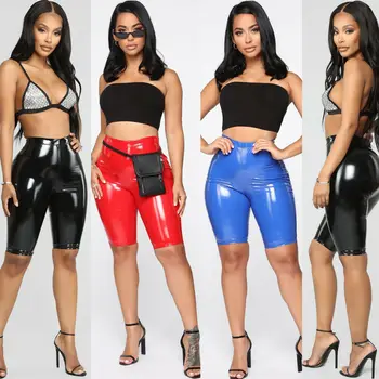

Women Sexy Wet Look PU Leather Capri Shorts Clubwear High Waist Skinny Shorts Knee Length 2020 Womens Clothing Summer Shorts