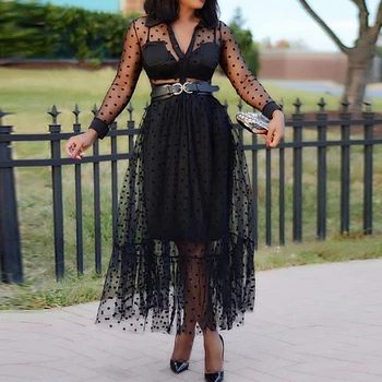 

HIGH QUALITY Newest 2020 Designer Runway Dress Women's Long Sleeve Polka Dot Blouse Shirt Lace Gauze Skirt Set