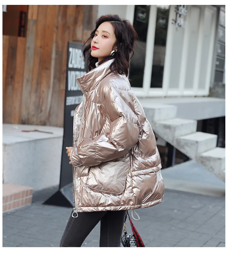 Stand Collar down Jacket Women's Short Winter New Style Short-height Loose-Fit Students White Duck down Warm Bright Surface