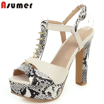 

ASUMER 2020 newest women sandals peep toe mixed colors snake high heels platform sandals fashion rivet party prom shoes woman