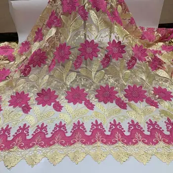 

Beautiful Latest Nigerian High quality Lace Fabric 5 Yard African Guipure Cord Lace Fabric With Stones Rose Cord Laces For Party