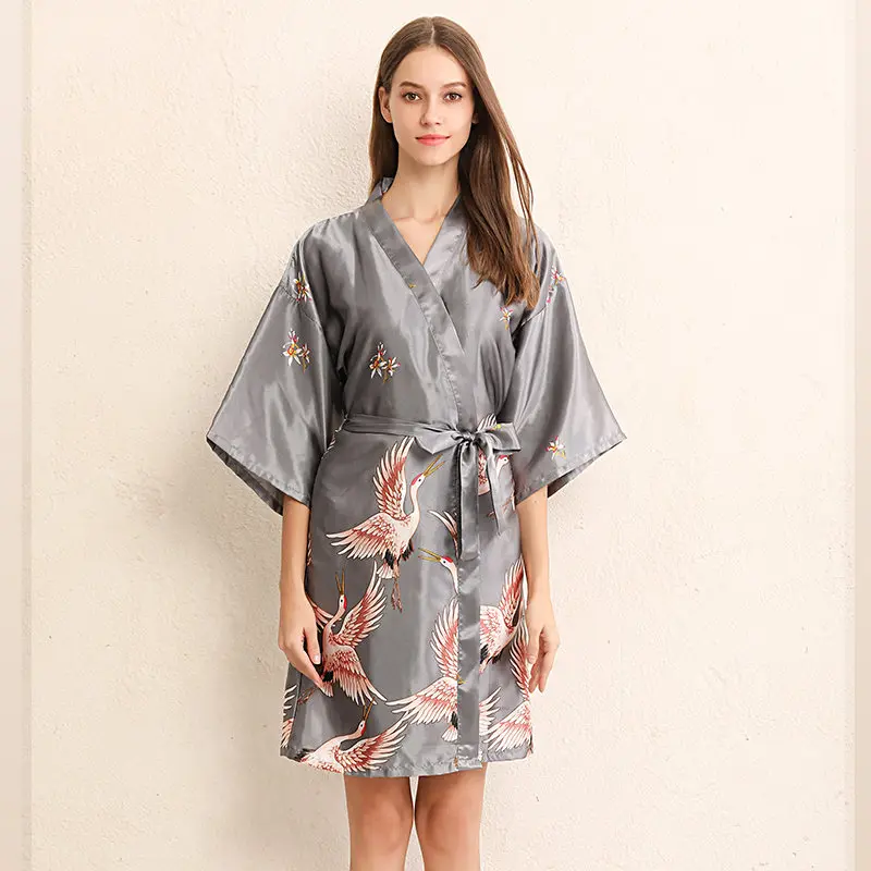 Birds Print Sexy Large Size Sexy Satin Night Robe Lace Bathrobe Perfect Wedding Bride Bridesmaid Robes Dressing Gown Hotel Spa