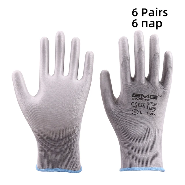 6 Pairs Work Gloves CE EN388 Red Polyester Black PU Mechanic Working Anti-static Gloves For Work Safety Glove For Women Men Grey