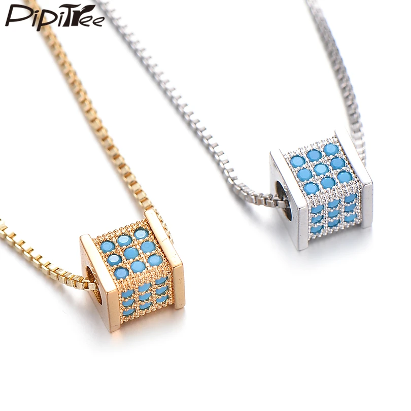 Pipitree Blue CZ Zircon Square Dice Necklace Pendant Geometric Copper Box Chain Necklaces for Women Men Fashion Jewelry Bijoux | Украшения