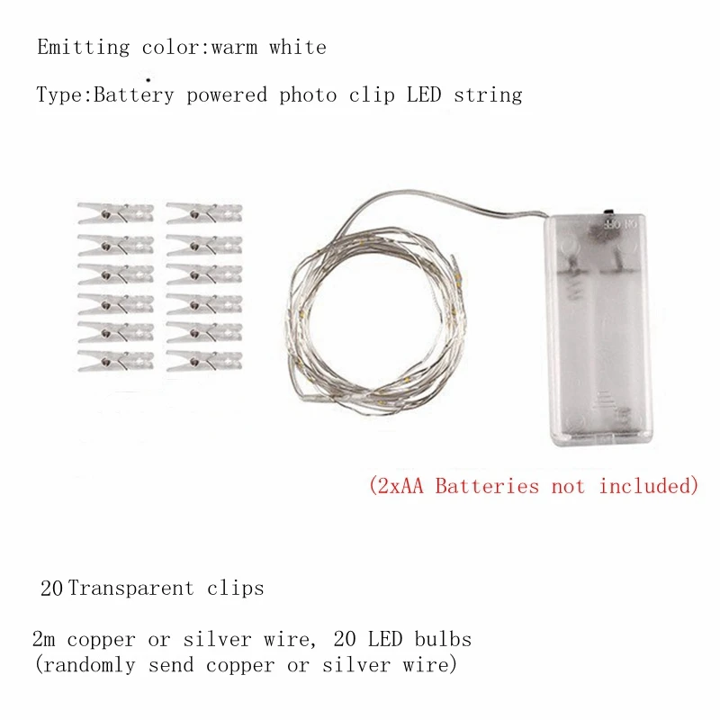 Фото клип USB светодиодный свет шнура Сказочный открытый батарея управление гирлянда Рождественская вечеринка украшения вечерние Свадебные Рождество - Испускаемый цвет: 2m 20leds