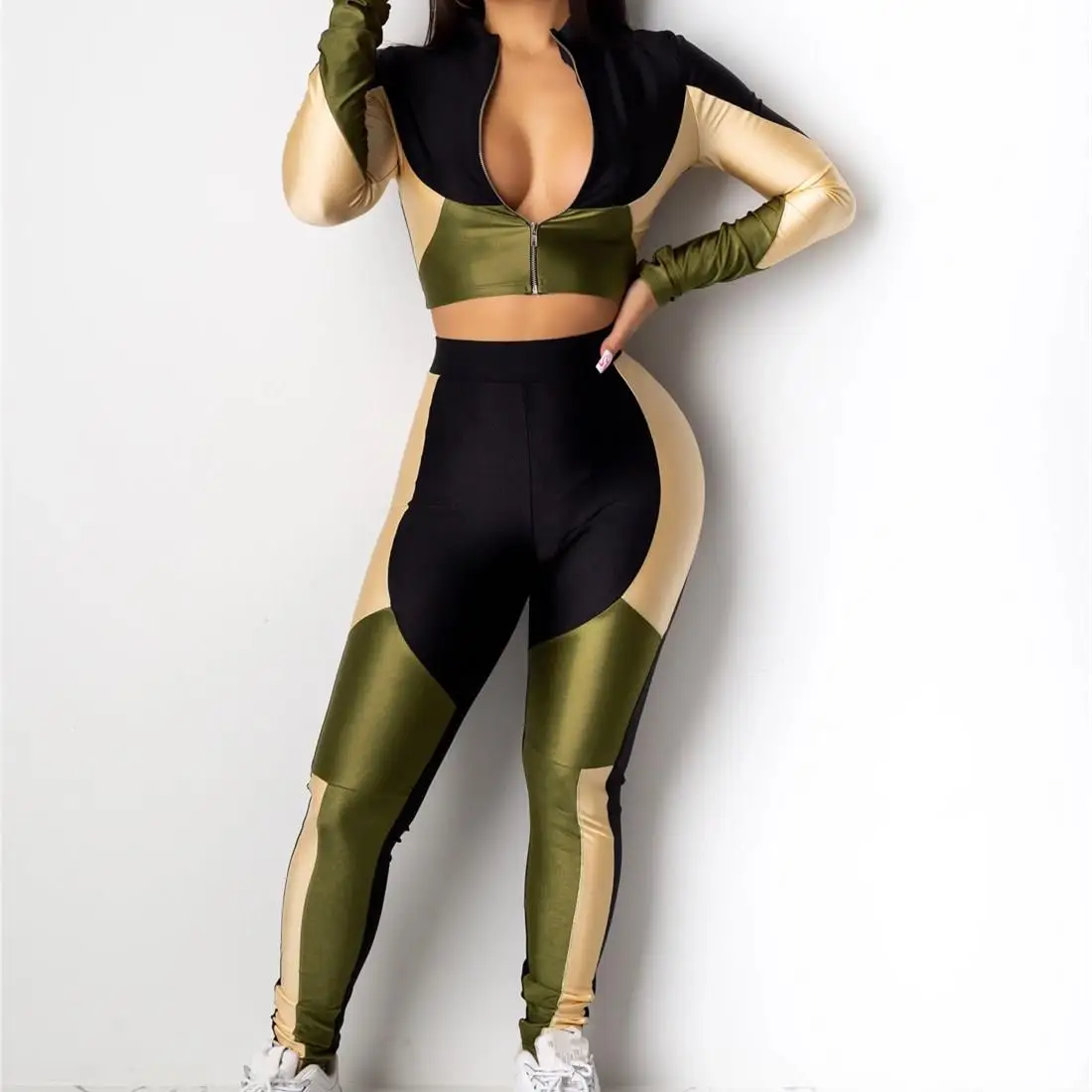 

WoMen Color Block Spliced Two Piece Set Sexy Front Zipper Full Sleeve Crop Top Bodycon Pants Suit V-Neck 2 Piece Oufit
