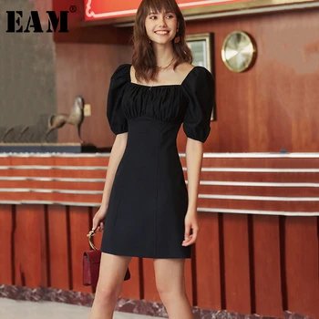 

[EAM] Women Black Temperament Dress New Square Collar Short Puff Sleeve Loose Fit Fashion Tide All-match Spring Autumn 2020 1B14