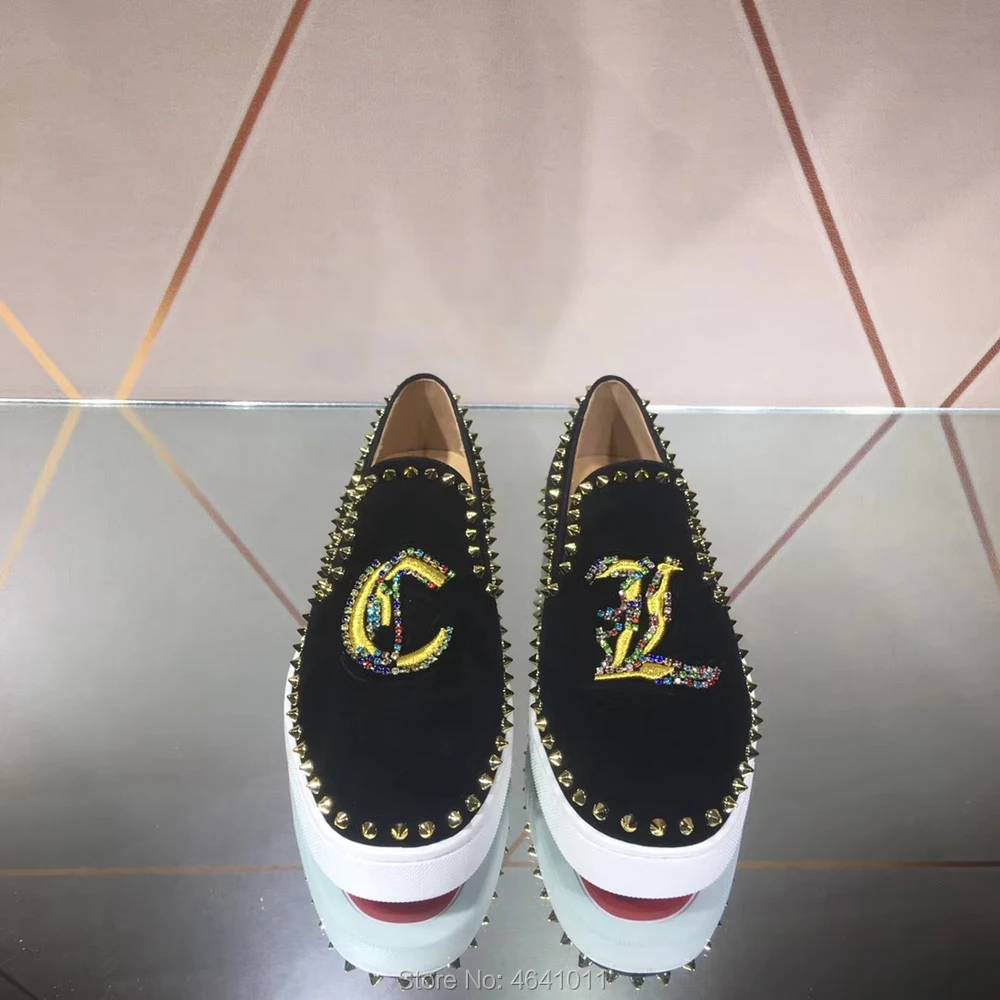 

Low Cut Leisure Shoe cl andgz Black Leather embroidery Rhinestone circle Rivet Red bottoms For men Shoes sneakers Flat Loafers