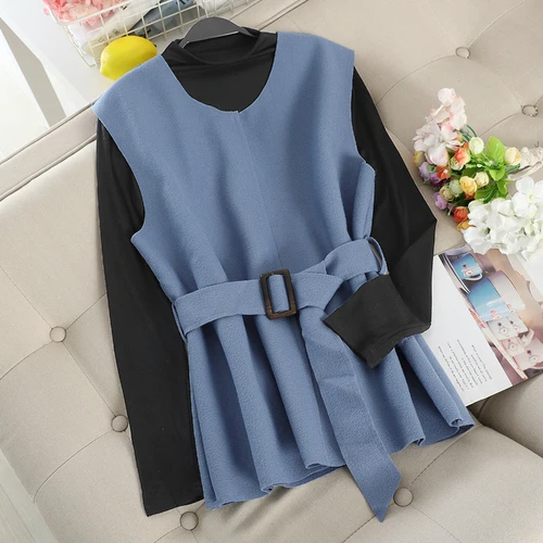 Neploe, Осень-зима, Conjuntos De Mujer, тонкая нижняя рубашка с высоким воротником+ Приталенный жилет на шнуровке, 2 предмета, женский элегантный комплект 46960 - Цвет: blue