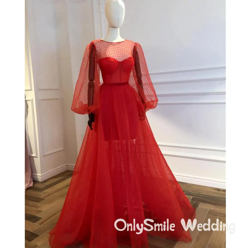 Vestidos Formales красные вечерние платья с длинными рукавами Иллюзия Тюлевое на заказ прозрачные недорогие вечерние платья для особых случаев