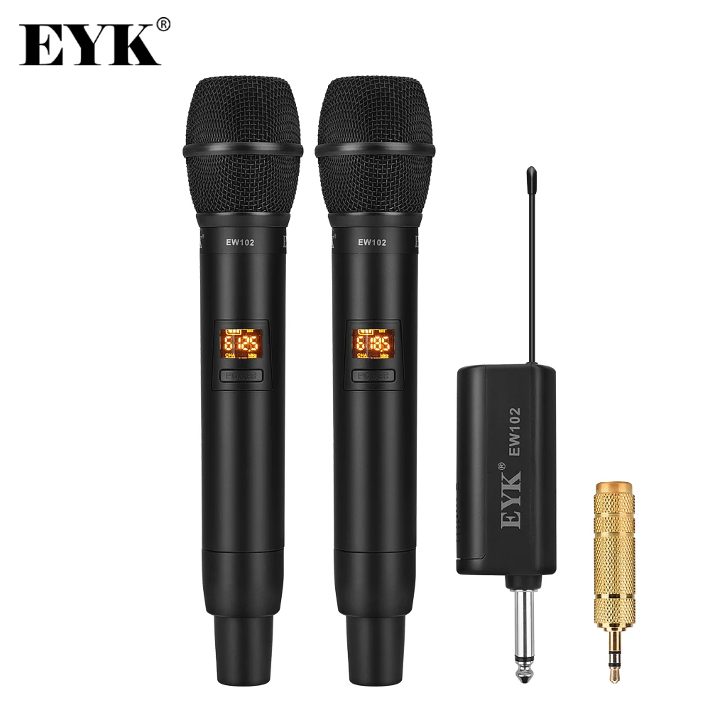 EYK EW102 UHF Wireless Microphone System Dynamic Dual Handheld Mic with Portable Rechargeable Receiver for Karaoke Church Speech