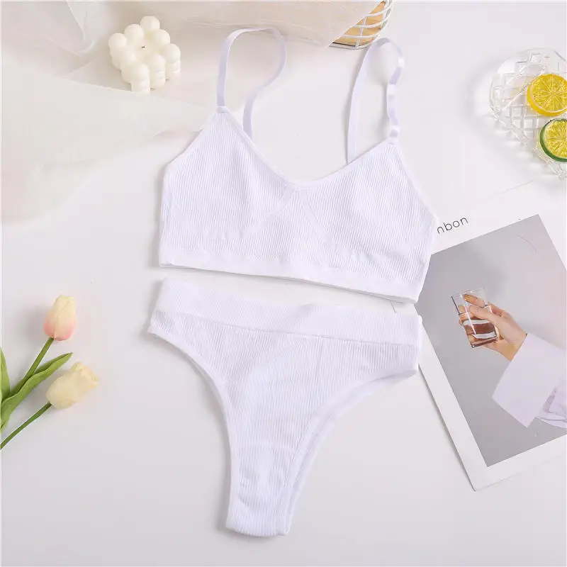 2PCS Bra Set Women Sexy Bralette Sexy Female Underwear Lingerie Ribbed Tops Girls Fashion Brassiere Basic Stretchy Tank Crop Top plus size bra and panty sets Bra & Brief Sets